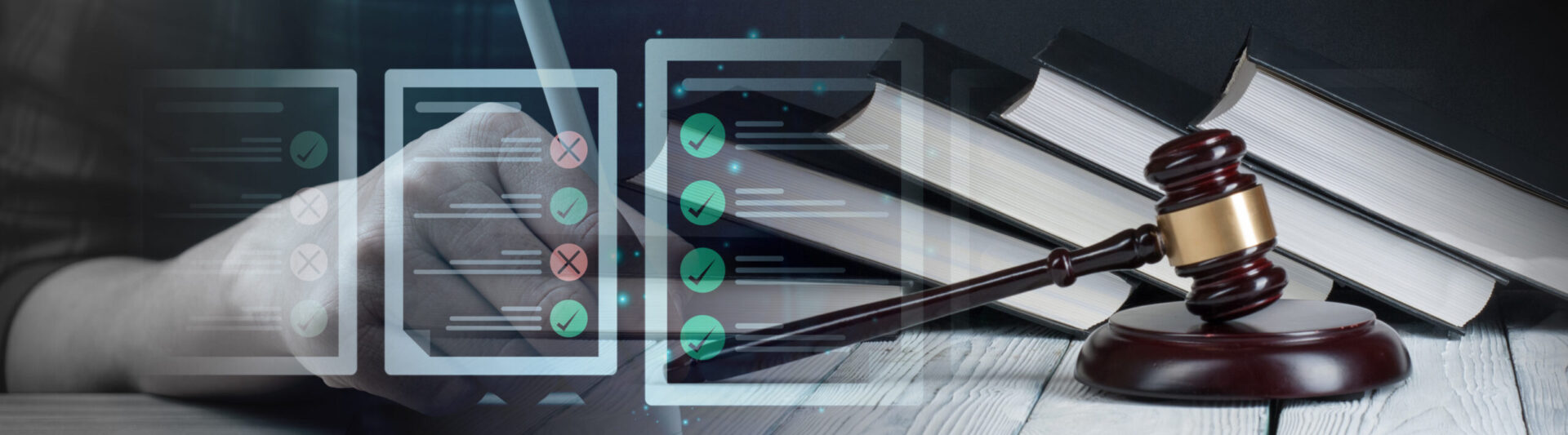 checklist, online exam, computer screen, books, and gavel. Portrays the computer-based bar exam field test.