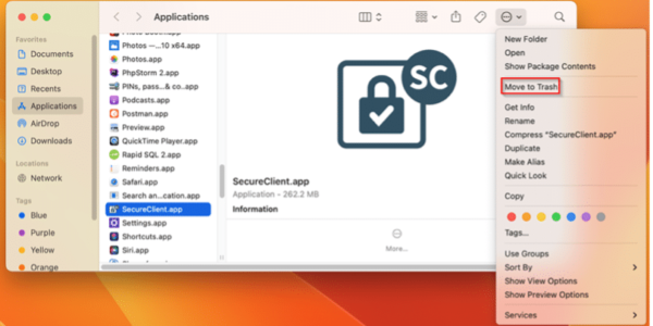 A screenshot of a list of applications with SecureClient.app selected and Move to Trash selected in the dropdown menu.