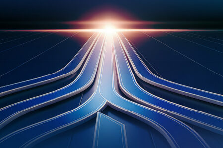 Image futuristic abstract lines converging into a beam of light. Image is used on the cover of the NextGen UBE Beta Test Report