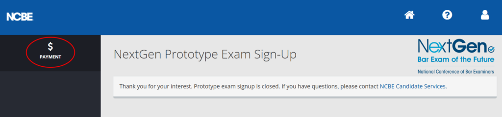 A screenshot of the NCBE sign-up screen with Payment circled.