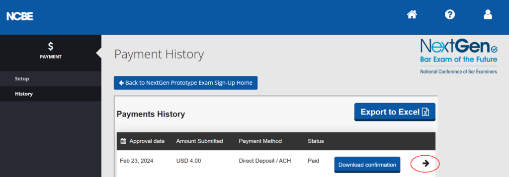 A screenshot of the Payment History screen showing information about a payment, with a circled arrow to the right.