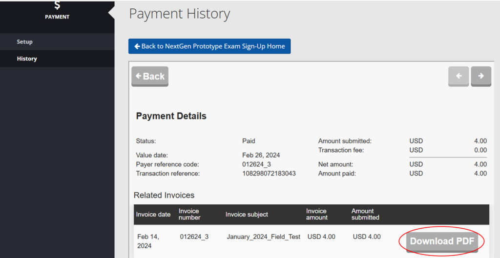 A screenshot of the Payment Details screen with the Download PDF button circled.