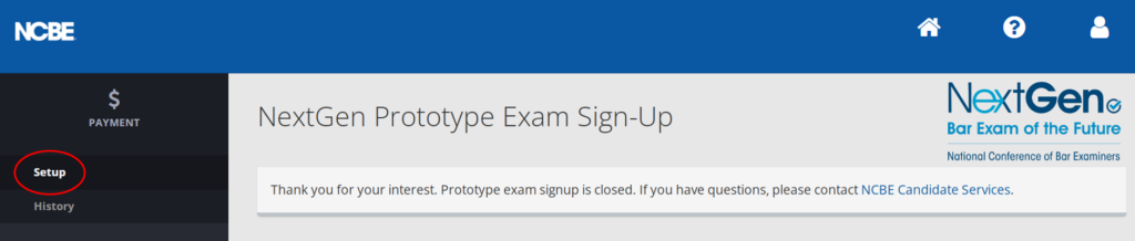A screenshot of the NCBE sign-up screen with Setup circled.