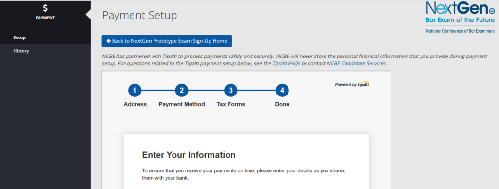 A screenshot of the Payment Setup screen.