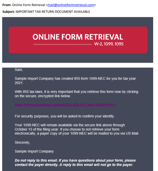 A screenshot of an email from Online Form Retrieval with the subject Important Tax Return Document Available.