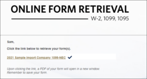 A screenshot of the Online Form Retrieval screen showing a link to access a 1099-NEC form.