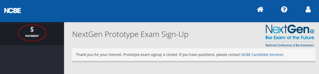 A screenshot of the NCBE sign-up screen with Payment circled.