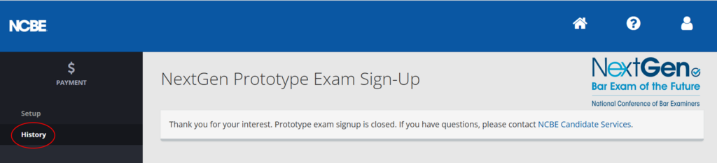 A screenshot of the NCBE sign-up screen with History circled.