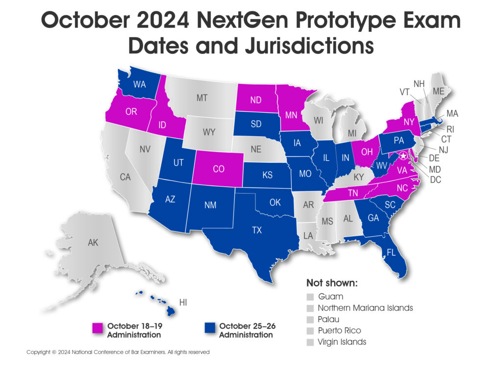 Map of United States showing jurisdictions where the prototype tests will be administered. • October 18–19: Colorado; Washington, DC; Idaho; Maryland; Minnesota; New York; North Carolina; North Dakota; Ohio; Oregon; Tennessee; and Virginia. • October 25–26: Arizona; Connecticut; Florida; Georgia; Hawaii; Illinois; Indiana; Iowa; Kansas; Massachusetts; Missouri; New Mexico; Oklahoma; Pennsylvania; South Carolina; South Dakota; Texas; Utah; Washington; and West Virginia.