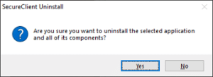 A screenshot of the SecureClient Uninstall confirmation pop-up window with the Yes button selected.