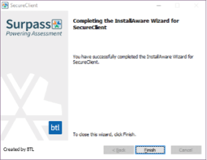 A screenshot of the SecureClient InstallAware Wizard window with the Finish button selected.