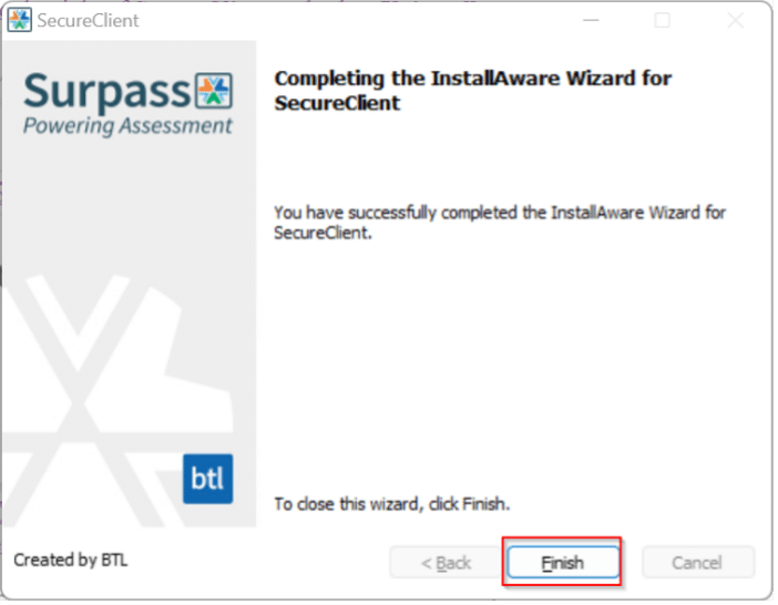 A screenshot of the SecureClient InstallAware Wizard window with the Finish button selected.