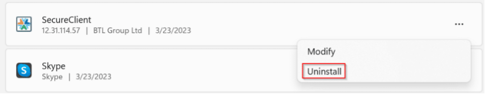 A screenshot of part of a list of apps with the Uninstall option selected next to SecureClient.