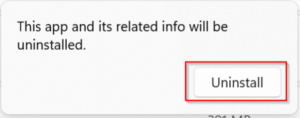 A screenshot of a pop-up uninstall confirmation message with the Uninstall button selected.