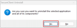 A screenshot of a pop-up uninstall confirmation message with the Yes button selected.