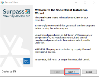 A screenshot of the SecureClient Installation Wizard window with the Next button selected.