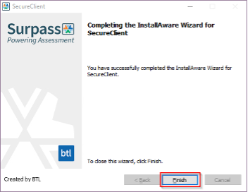 A screenshot of the Completing the InstallAware Wizard for SecureClient window with the Finish button selected.