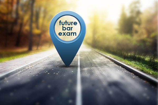 Future Bar Exam in blue map pin standing upright on a roadway